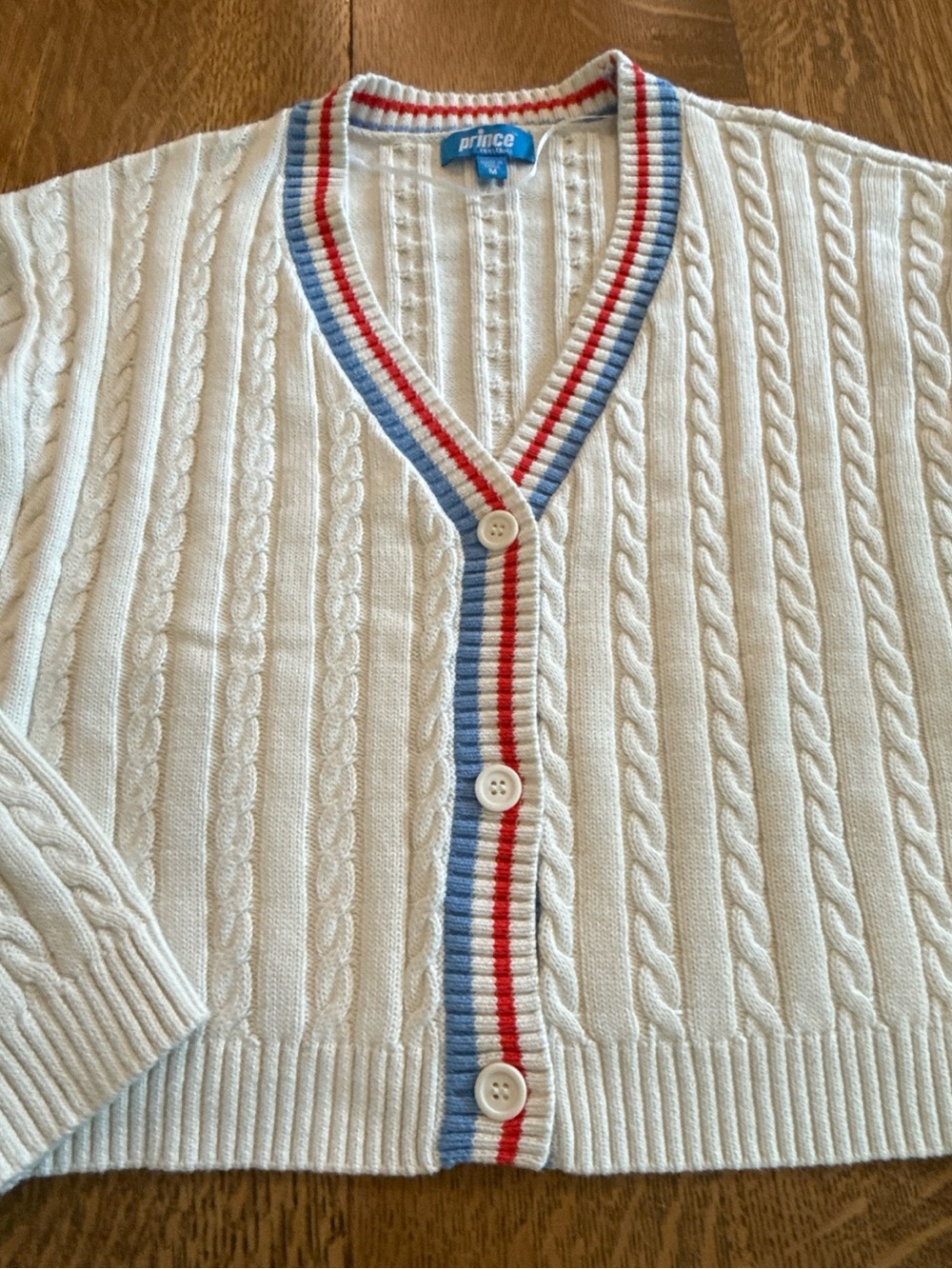 Prince Cream Cable Knit Cardigan with Red & Blue Stripe Trim - Picture 5 of 13